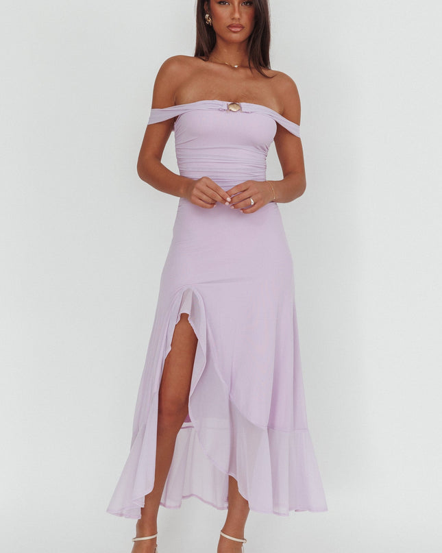 Lilac Off-Shoulder Split Maxi Dress