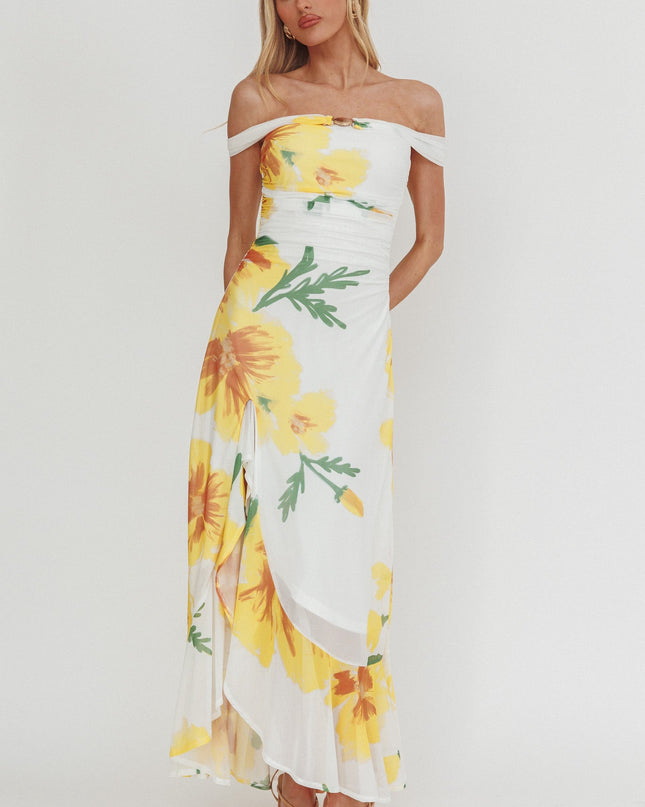 Yellow Off-Shoulder Split Maxi Dress Flower