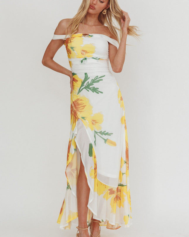 Yellow Off-Shoulder Split Maxi Dress Flower