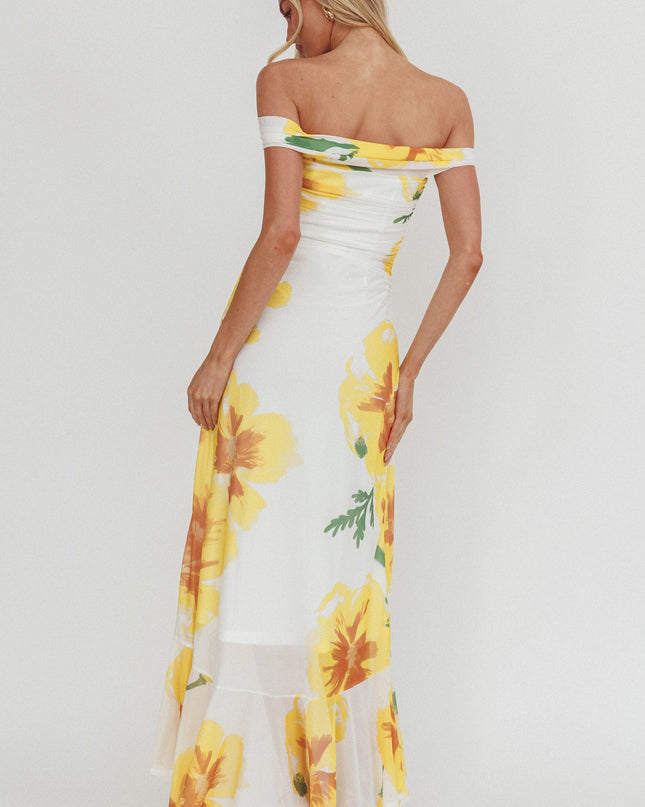 Yellow Off-Shoulder Split Maxi Dress Flower
