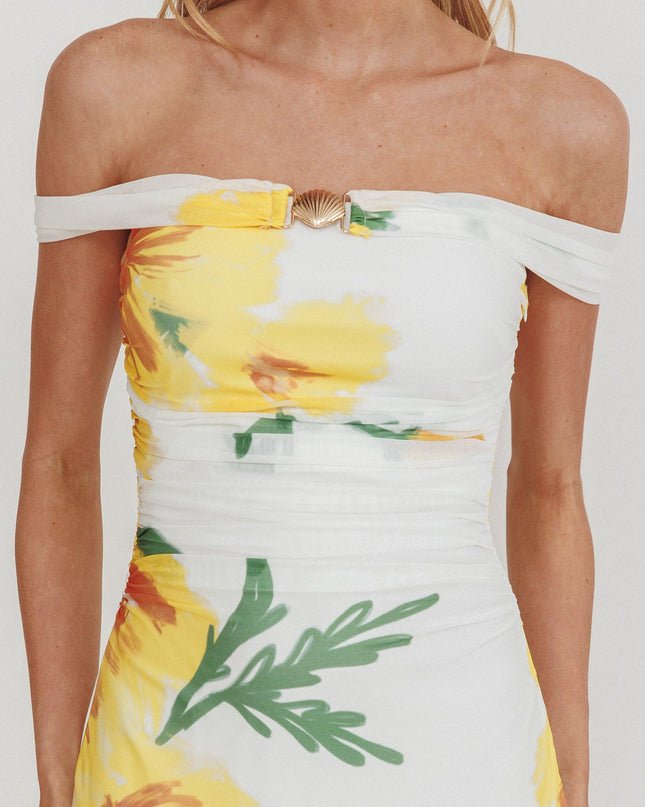 Yellow Off-Shoulder Split Maxi Dress Flower