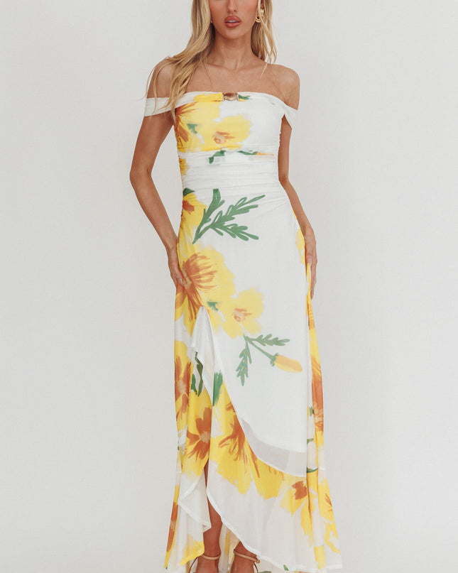 Yellow Off-Shoulder Split Maxi Dress Flower