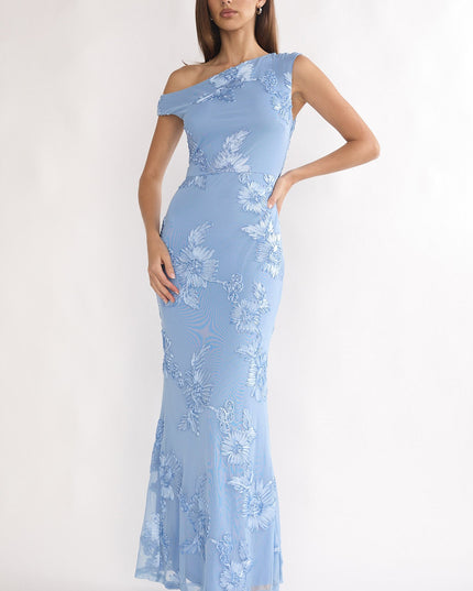 Blue Asymmetric Neckline Embellished Maxi Dress