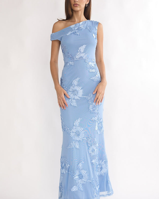 Blue Asymmetric Neckline Embellished Maxi Dress