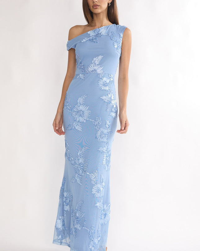 Blue Asymmetric Neckline Embellished Maxi Dress