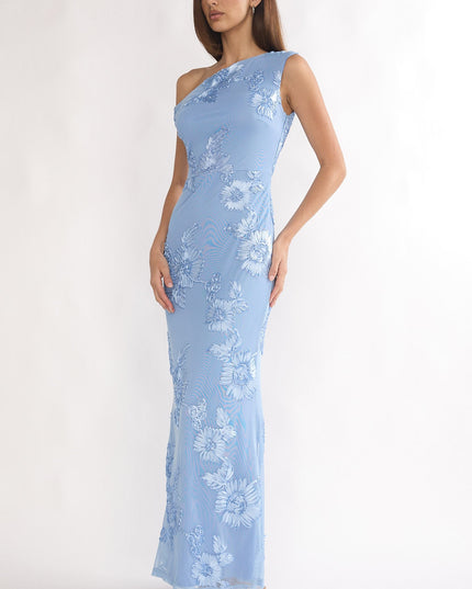 Blue Asymmetric Neckline Embellished Maxi Dress