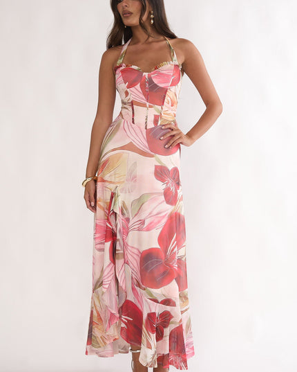 Red Halterneck Split Maxi Dress Floral