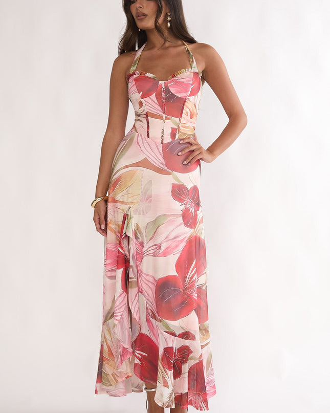 Red Halterneck Split Maxi Dress Floral