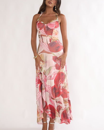 Red Halterneck Split Maxi Dress Floral