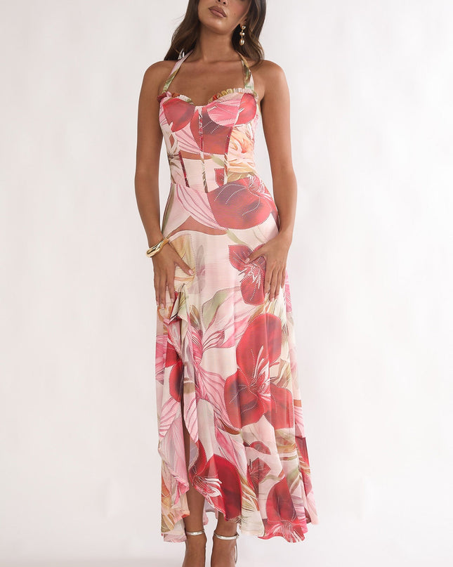 Red Halterneck Split Maxi Dress Floral