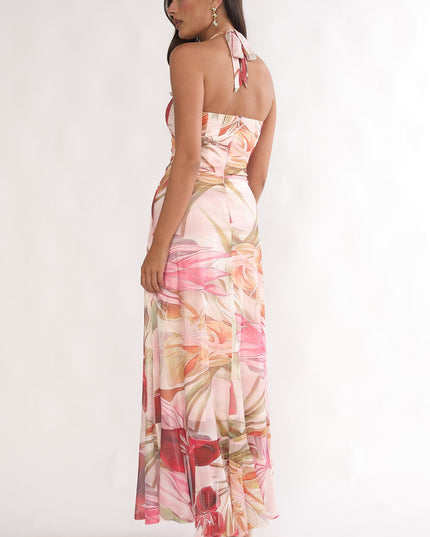 Red Halterneck Split Maxi Dress Floral