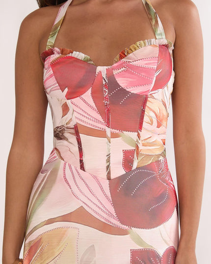 Red Halterneck Split Maxi Dress Floral