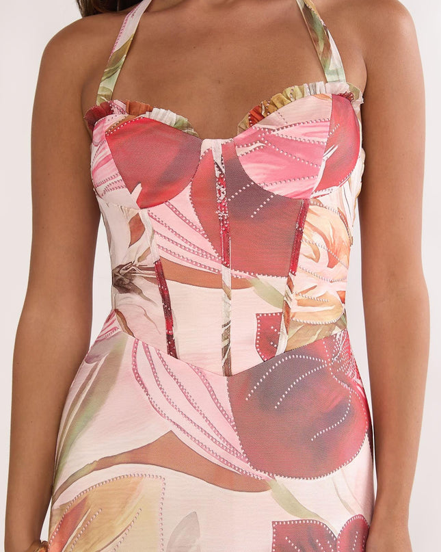 Red Halterneck Split Maxi Dress Floral