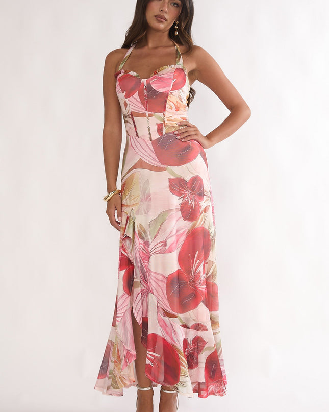 Red Halterneck Split Maxi Dress Floral
