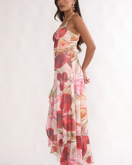 Red Halterneck Split Maxi Dress Floral