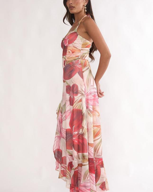 Red Halterneck Split Maxi Dress Floral