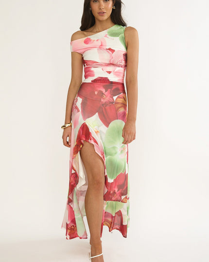 Floral Asymmetric Neckline Maxi Dress