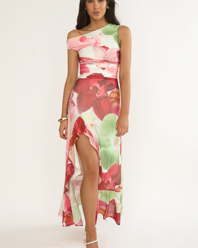 Floral Asymmetric Neckline Maxi Dress