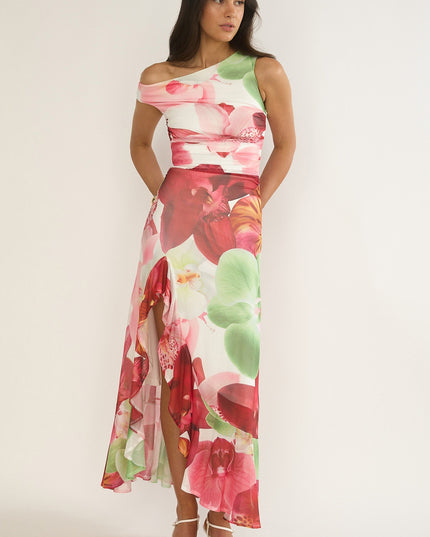 Floral Asymmetric Neckline Maxi Dress