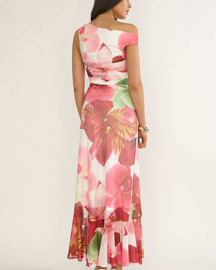 Floral Asymmetric Neckline Maxi Dress
