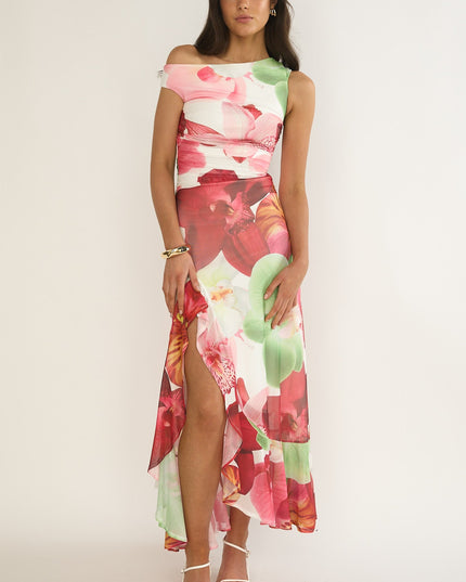 Floral Asymmetric Neckline Maxi Dress