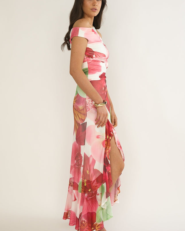 Floral Asymmetric Neckline Maxi Dress