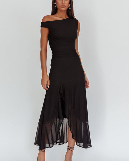 Black Asymmetric Neckline Maxi Dress
