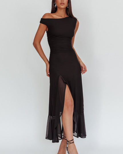 Black Asymmetric Neckline Maxi Dress