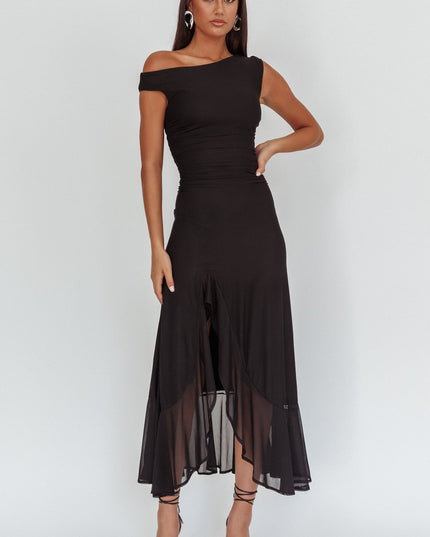 Black Asymmetric Neckline Maxi Dress
