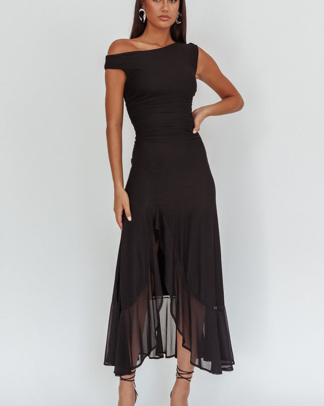 Black Asymmetric Neckline Maxi Dress