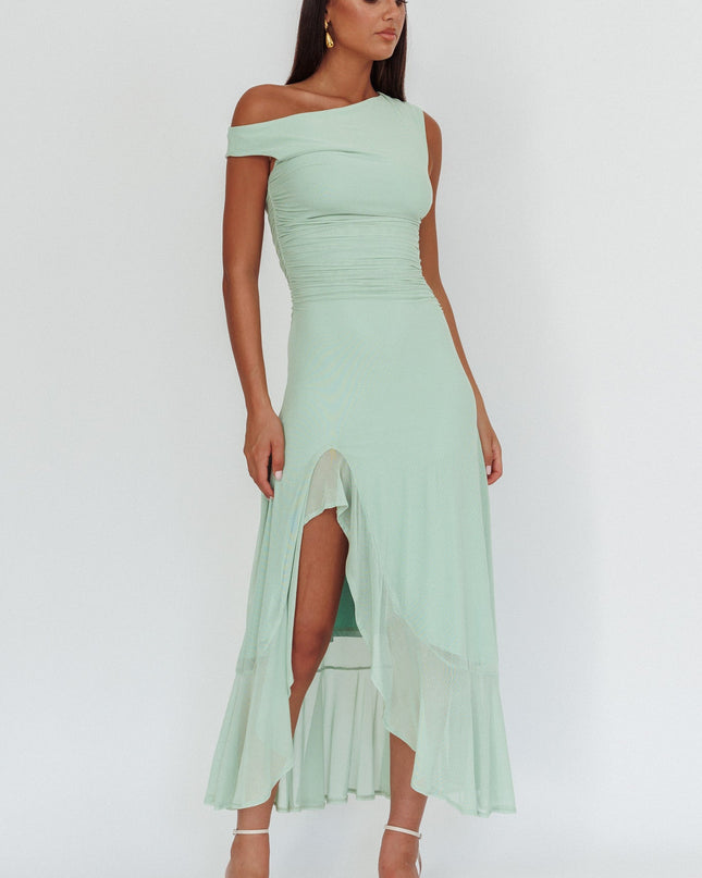 Sage Asymmetric Neckline Maxi Dress