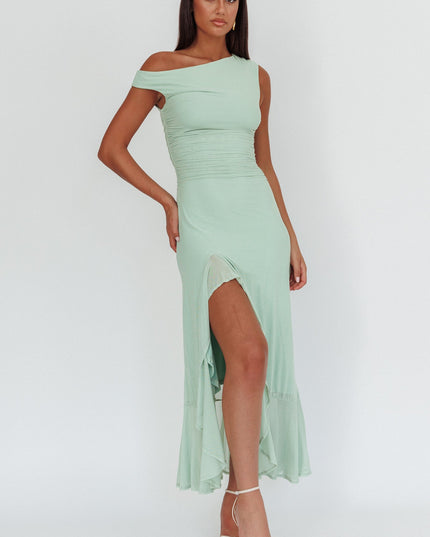 Sage Asymmetric Neckline Maxi Dress