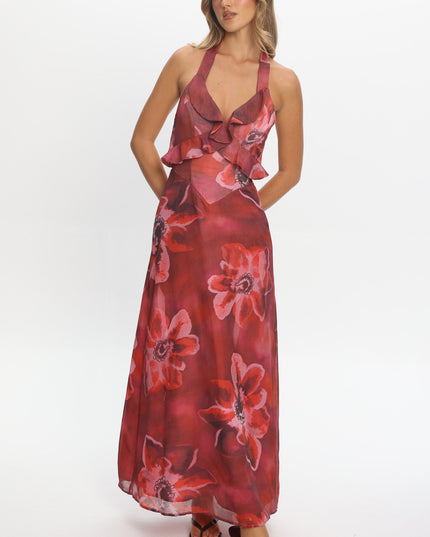 Red Frill Trim Maxi Dress Print