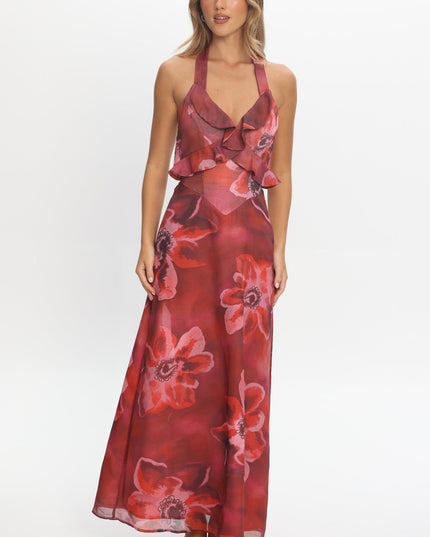 Red Frill Trim Maxi Dress Print