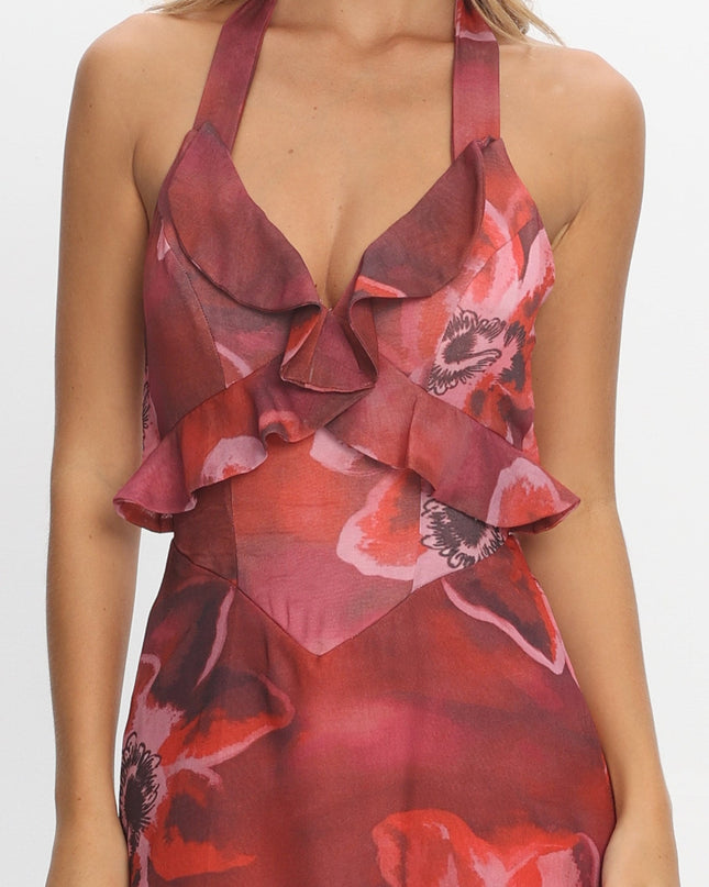 Red Frill Trim Maxi Dress Print