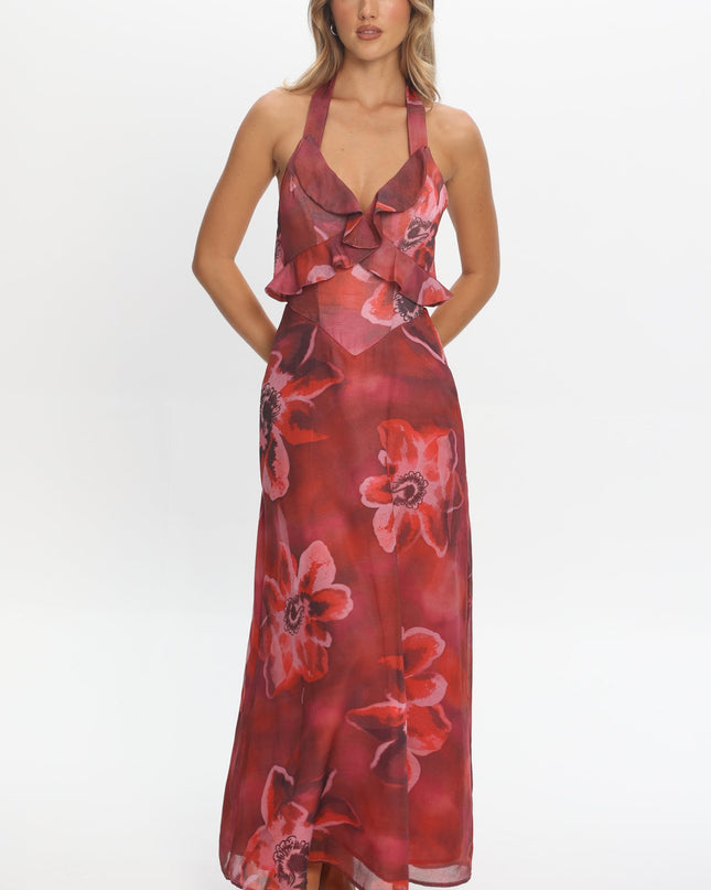 Red Frill Trim Maxi Dress Print
