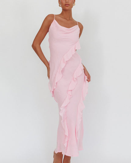 Pink Ruffle Trim Cowl Neck Maxi Dress