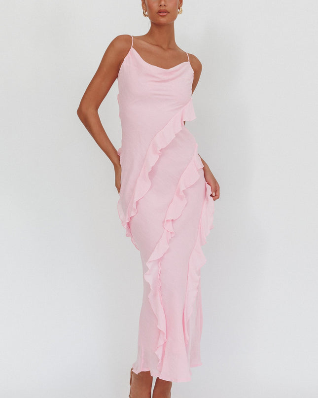 Pink Ruffle Trim Cowl Neck Maxi Dress