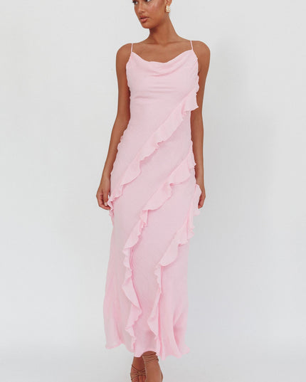 Pink Ruffle Trim Cowl Neck Maxi Dress