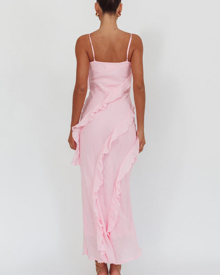 Pink Ruffle Trim Cowl Neck Maxi Dress