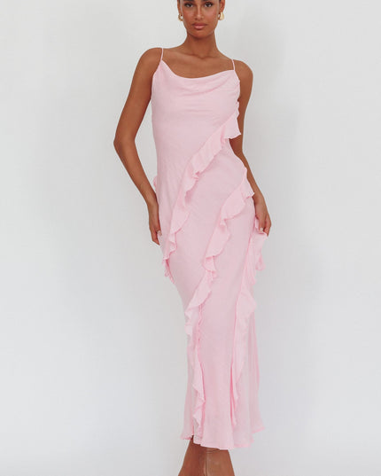 Pink Ruffle Trim Cowl Neck Maxi Dress