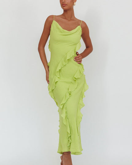Sage Ruffle Trim Cowl Neck Maxi Dress