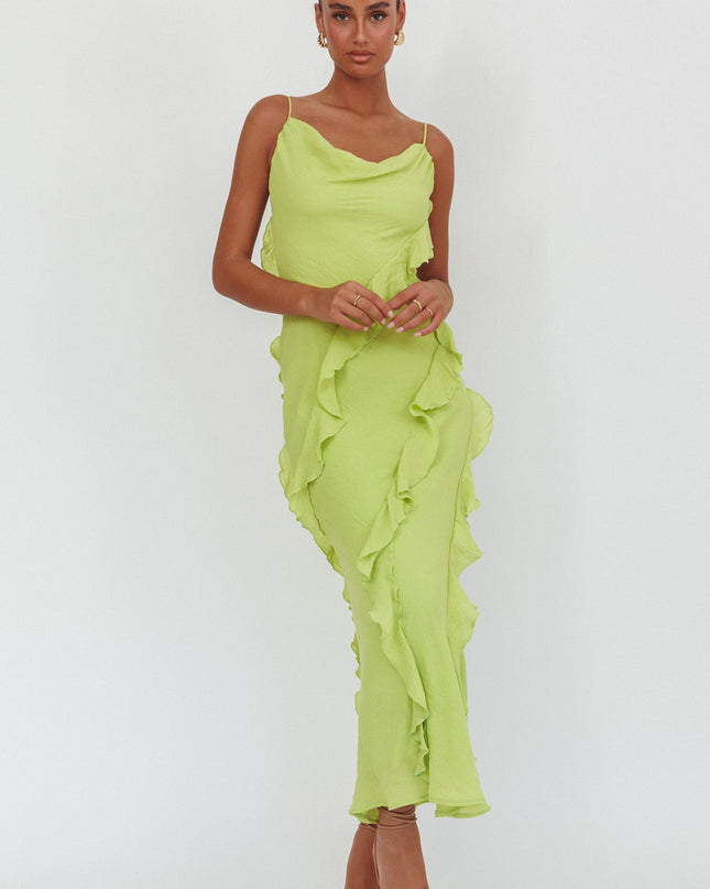 Sage Ruffle Trim Cowl Neck Maxi Dress