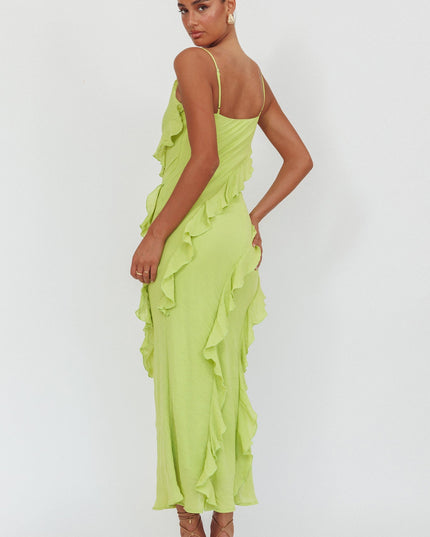 Sage Ruffle Trim Cowl Neck Maxi Dress