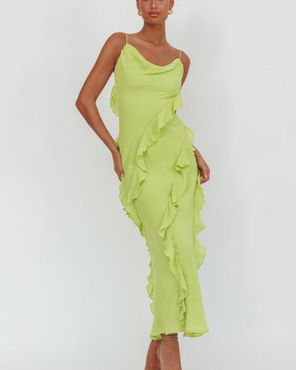 Sage Ruffle Trim Cowl Neck Maxi Dress