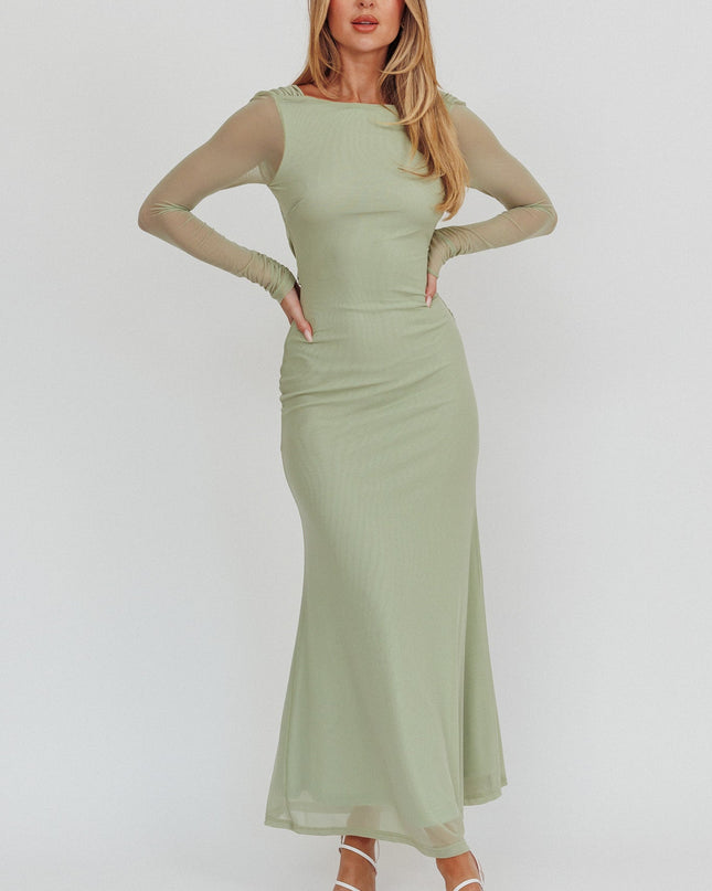 Sage Open Back Mesh Maxi Dress