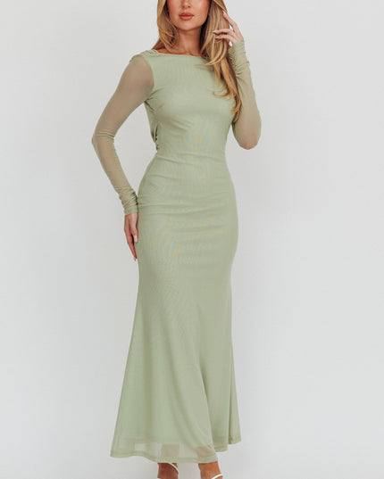 Sage Open Back Mesh Maxi Dress