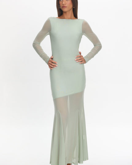 Sage Long Sleeve Open Back Maxi Dress