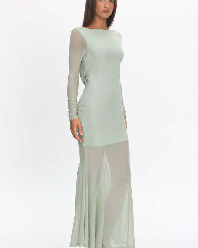 Sage Long Sleeve Open Back Maxi Dress
