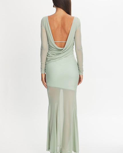 Sage Long Sleeve Open Back Maxi Dress
